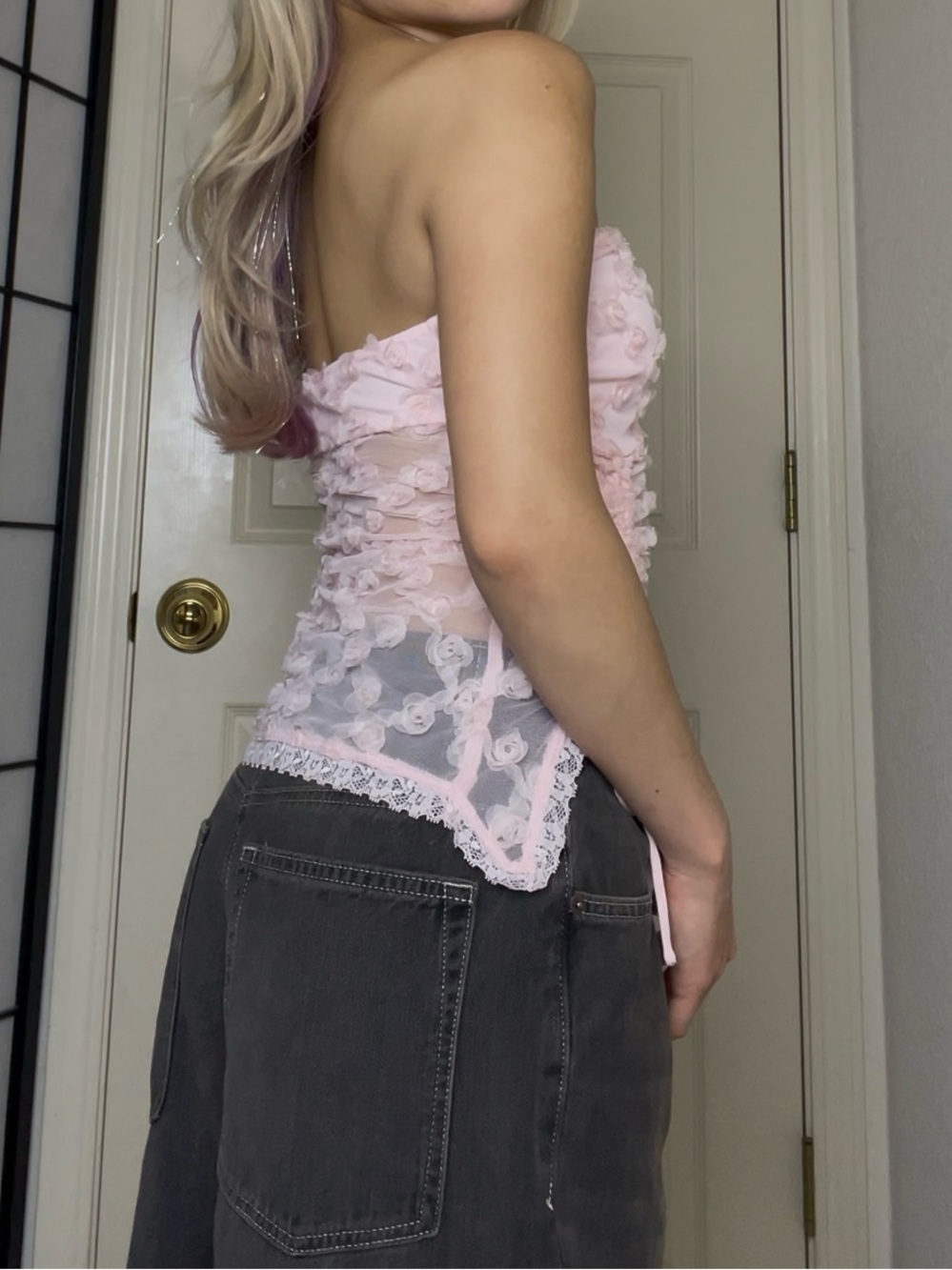 Urban Outfitters - Kimchi Blue | Light Baby Pink Strapless Mesh Floral Tube Top - Picture 5 of 7